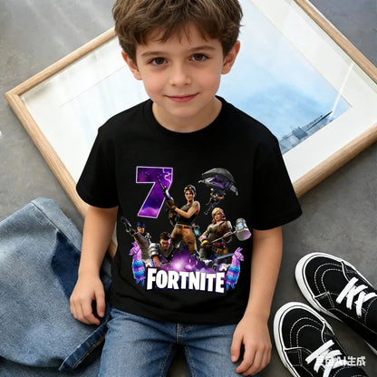 Fortnite Kinder-Geburtstagszahl-T-Shirt für Mädchen und Jungen, Sommerkleidung, Baby-T-Shirt aus Baumwolle, kurzärmliges Party-Oberteil, Geschenk für Kleinkinder