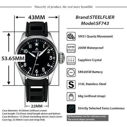 STEELFLIER Official SF743 Quartz Pilot VH31 Steel Strap Onion Crown 20Bar Waterproof Sapphire Crystal Luxury Dive Luminous Watch