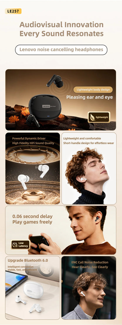  Lenovo LE257 TWS Wireless Bluetooth 6.0 Headphones HiFi Sound ENC Call Noise Reduction Earphone Gaming Sports Headset With Mic