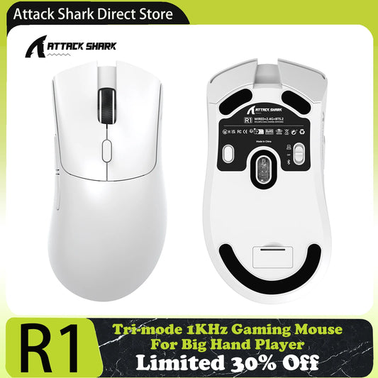 ATTACK SHARK R1 trijų režimų žaidimų pelė, PixArt PAW3311 jutiklis, 18000 DPI, 1000hz, itin lengva 59g, didelėms rankoms, skirta PC/Mac