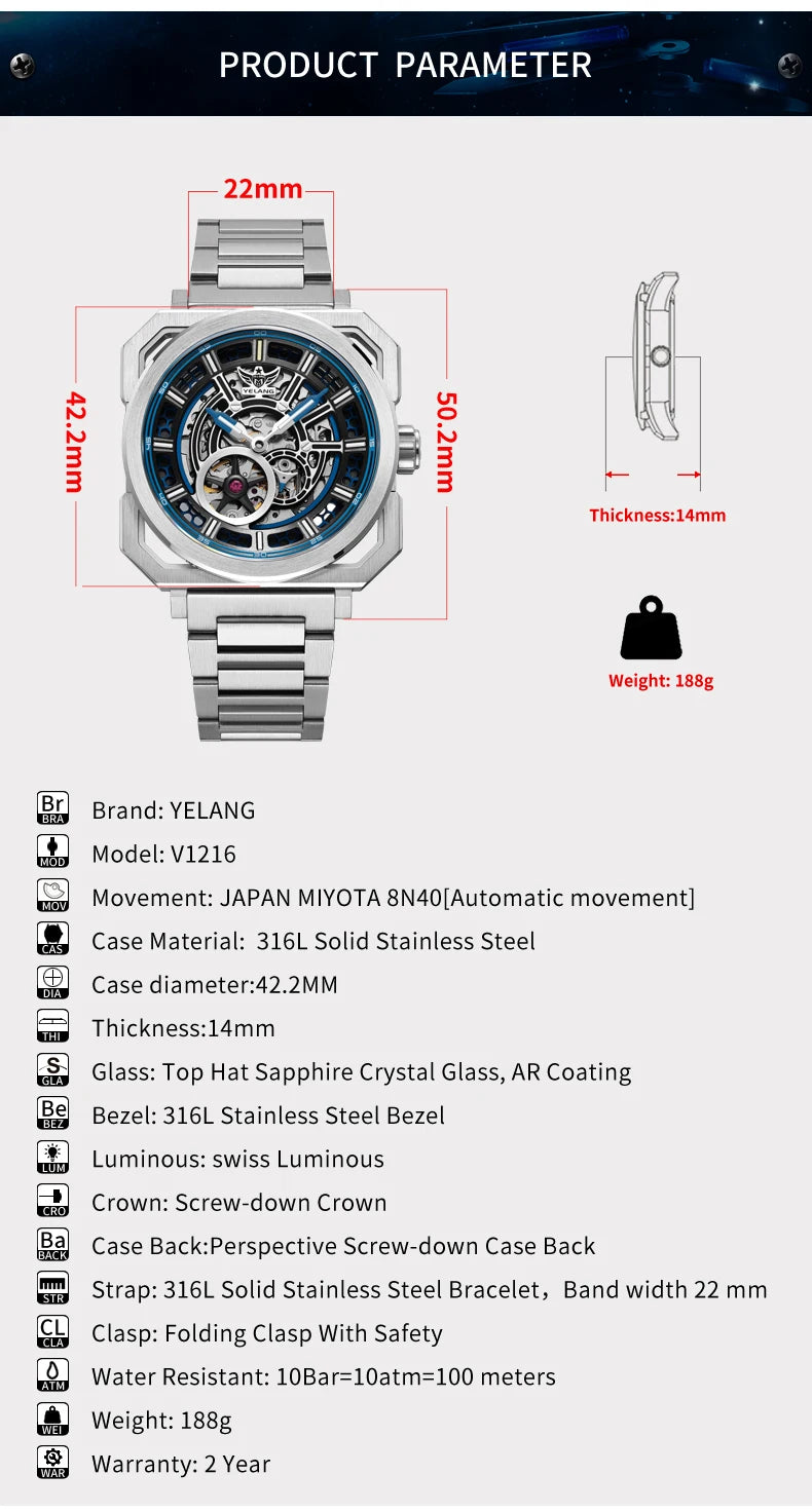 Yelang V1216 Men Watch Luxury Brand Watch 42mm Hollow Dial Japan MIYOTA 8N40 Automatic Movement 100M Waterproof Watch Luminous