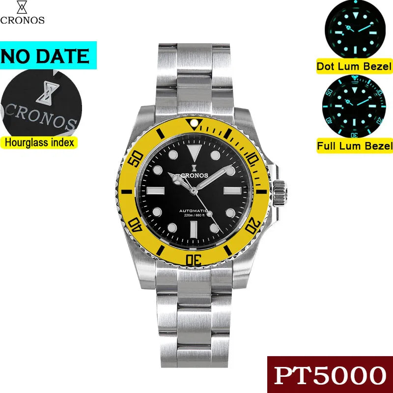 Cronos Sub Diver Men Watch No Date PT5000 Brushed Bracelet Ceramic Bezel 200 meters Water Resistant