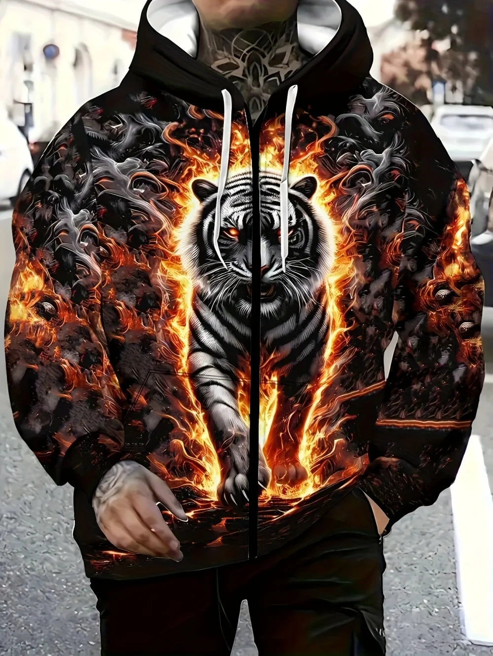 2025 Mens Long Sleeve Zip up Tiger Graphic Hoodie Casual Outdoor Fashion Coat with Drawstring and Pockets Zipup Hoodie for Man