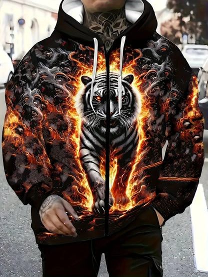 2025 Mens Long Sleeve Zip up Tiger Graphic Hoodie Casual Outdoor Fashion Coat with Drawstring and Pockets Zipup Hoodie for Man
