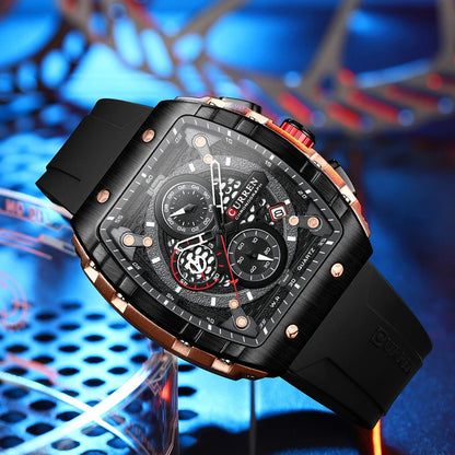 CURREN Tonneau Dial Sport Watch for Men Fashion Waterproof Quartz Wristwatch with Auto Date Yellow Silicone Strap Luminous