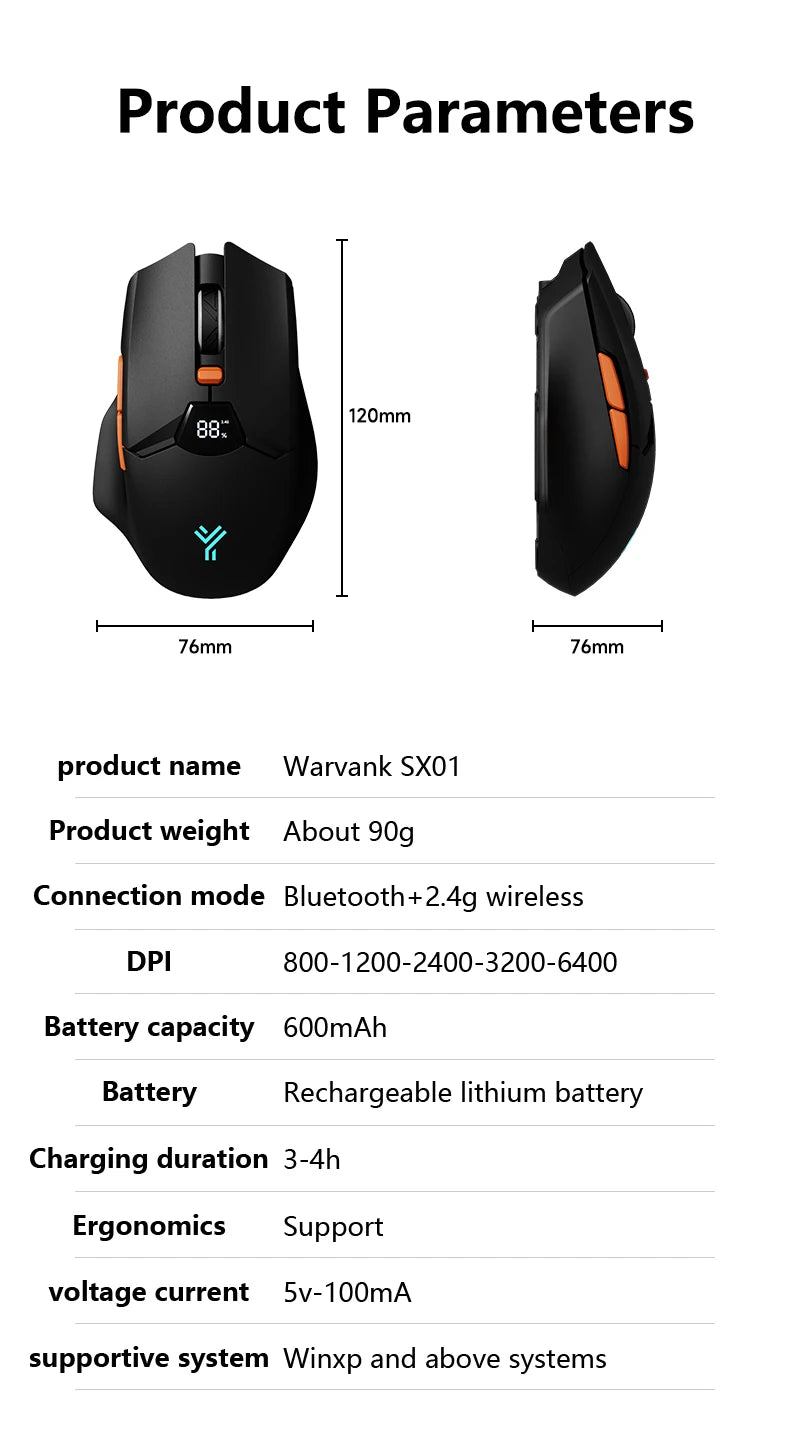 Warvank SX01 trådløs gamingmus med smart skærm, 6-trins DPI-justering, 600mAh genopladelig, lydløs kontor-Bluetooth-mus