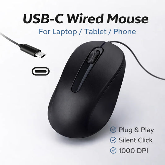 USB-C Wired Mouse Silent Click 1000 DPI, Type-C Wired Mouse for Laptop, Tablet & Phone, Plug and Play USB-C Mouse for Windows, Mac & Android