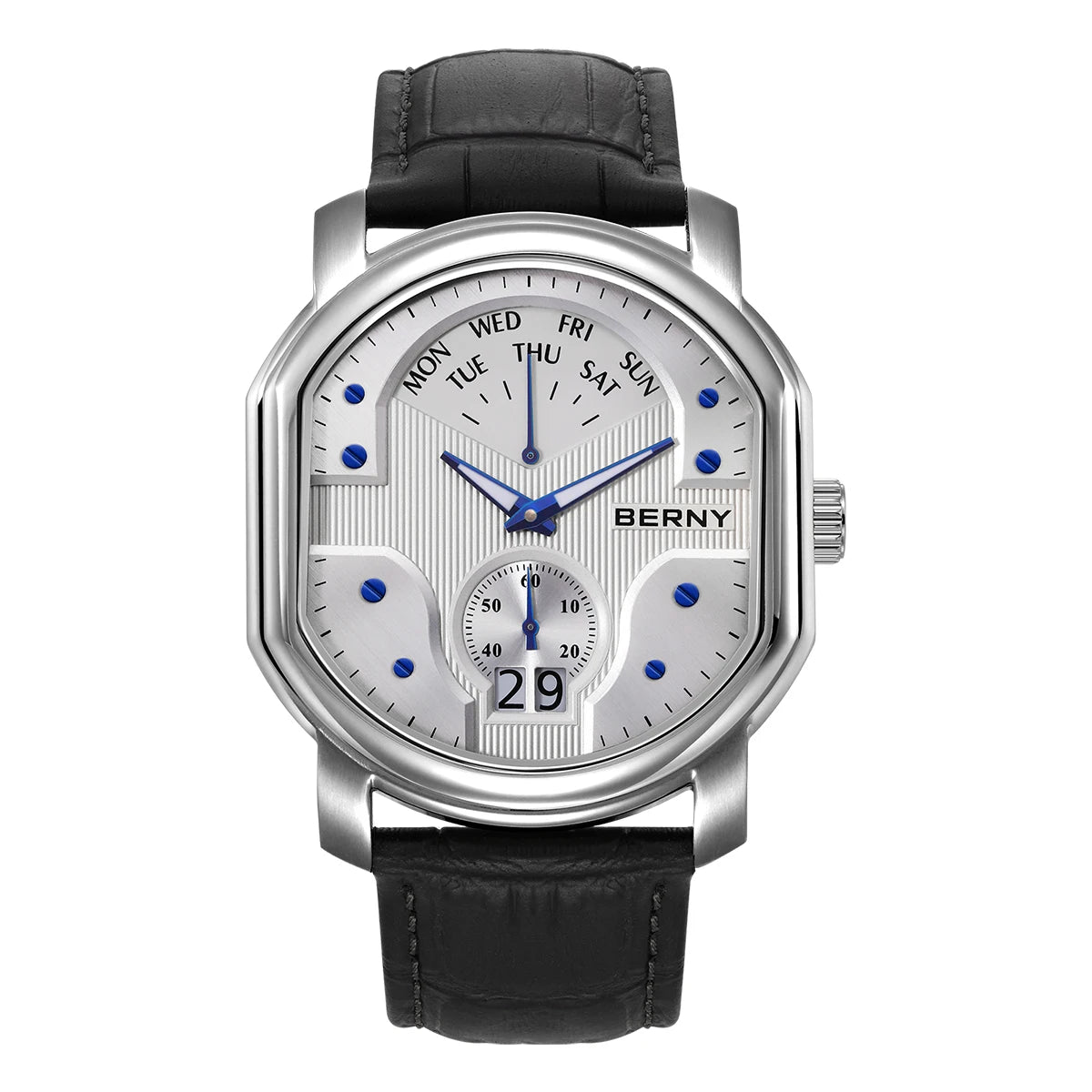 BERNY Tonneau Classic Men's Watch Quartz Luxury Top Watches Ronda 7004N Day Stainless Steel Sapphire Pendulum Dial Watch for Men