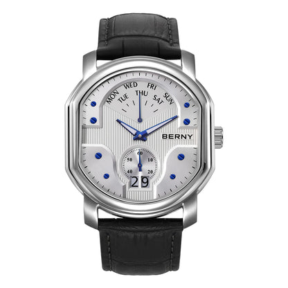 BERNY Tonneau Classic Men's Watch Quartz Luxury Top Watches Ronda 7004N Day Stainless Steel Sapphire Pendulum Dial Watch for Men