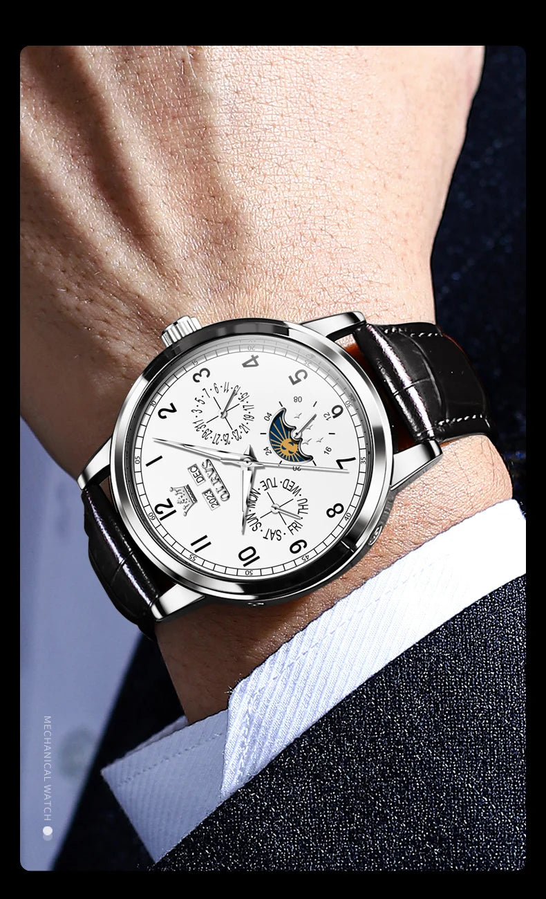 OLEVS 6698 Mens Watch Luxury Dress Brand Moon Phase Automatic Mechanical Watch For Men Leather  Waterproof Dual Calendar Watch