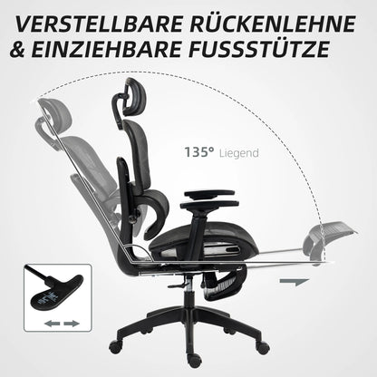 Black Ergonomic Mesh Office Chair, Lumbar Support, Recliner & Footrest, Height Adjustable