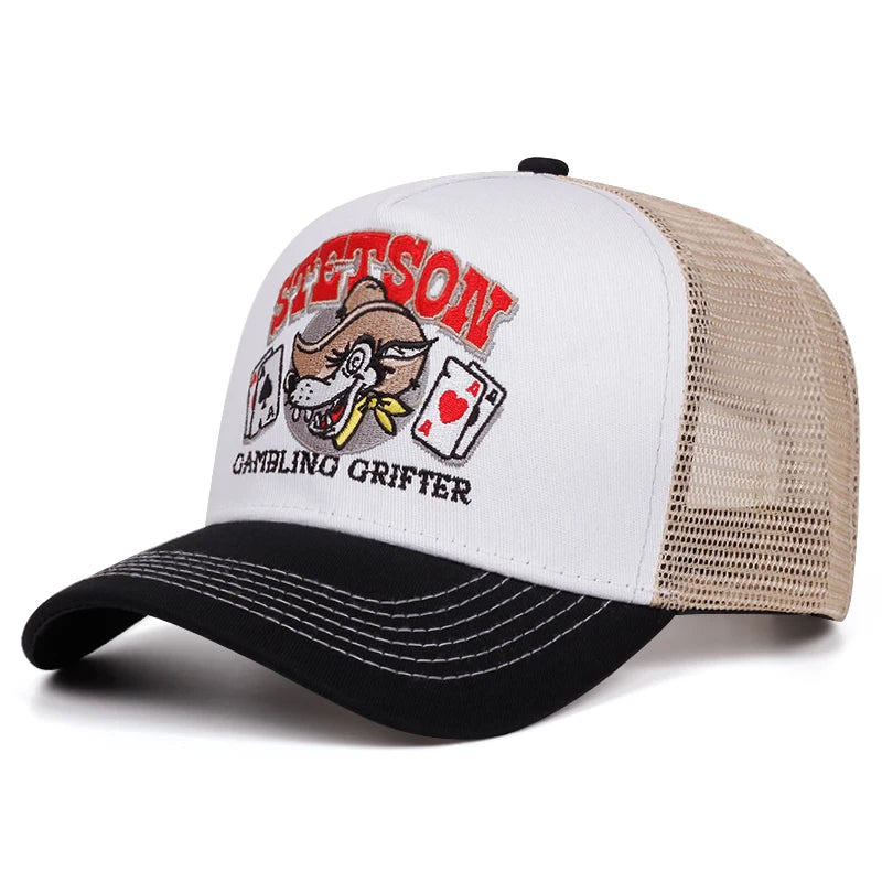 Personalisierte neue atmungsaktive Mesh-Kappe STETSON Wolfskopf-Poker-Truck-Kappe Outdoor-Sport-Sonnenkappe Street-Hip-Hop-Kappe Unisex
