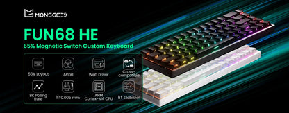 Akko MonsGeek FUN68 HE Magnetic Keyboard 65% Rapid Trigger 0.005mm 8000Hz ARGB USB/Wireless Gaming Custom Keyboard for Gamer