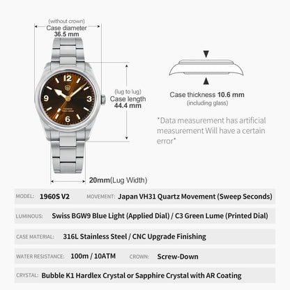 Watchdives WD1960S V2 36Mm Vintage Cream Man Watches VH31 Sweep Seconds Quartz Watch Bubble K1 Sapphire Luminous Stainless Steel