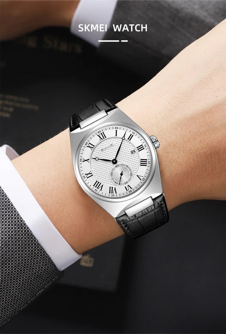 SKMEI 9390 Elegant Men's Quartz Watch Roman Scale Calendar Waterproof Leather Strap Casual Business Watches for Man Reloj Hombre
