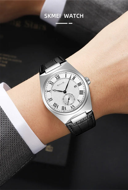 SKMEI 9390 Elegant Men's Quartz Watch Roman Scale Calendar Waterproof Leather Strap Casual Business Watches for Man Reloj Hombre
