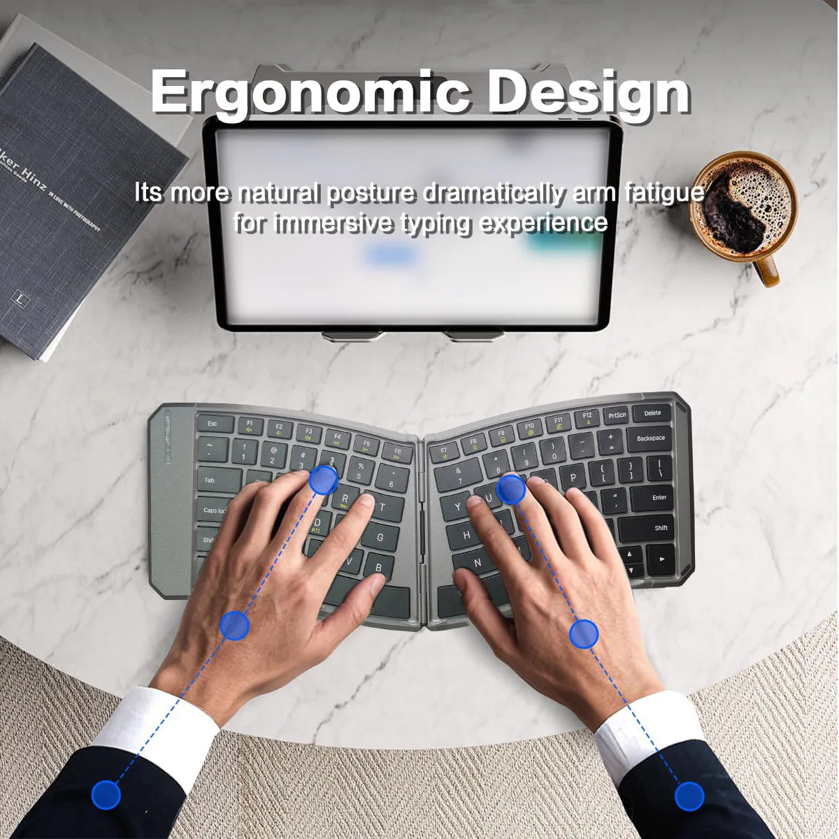Ergonomic Foldable Bluetooth Keyboard, Split Compact Portable Keyboard for Business Travel, Folding Rechargeable Wireless Keyboard