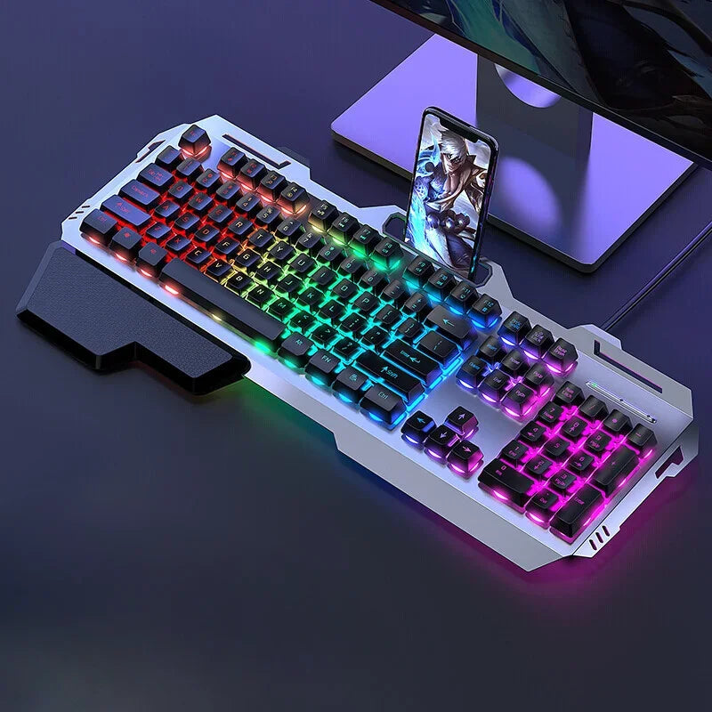 Gaming Keyboard RGB LED Backlight Plug and Play White/Black Keyboard Ergonomic Design Waterproof Keycaps Hand Support