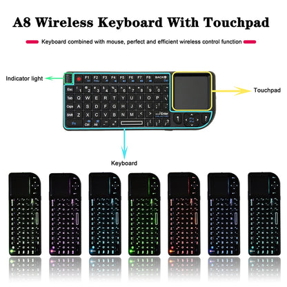 A8 Mini Wireless Keyboard 2.4G 7 Color Backlit 3 in 1 Handheld Keyboard with Touchpad Air Mouse for Android TV Box PC Tablet