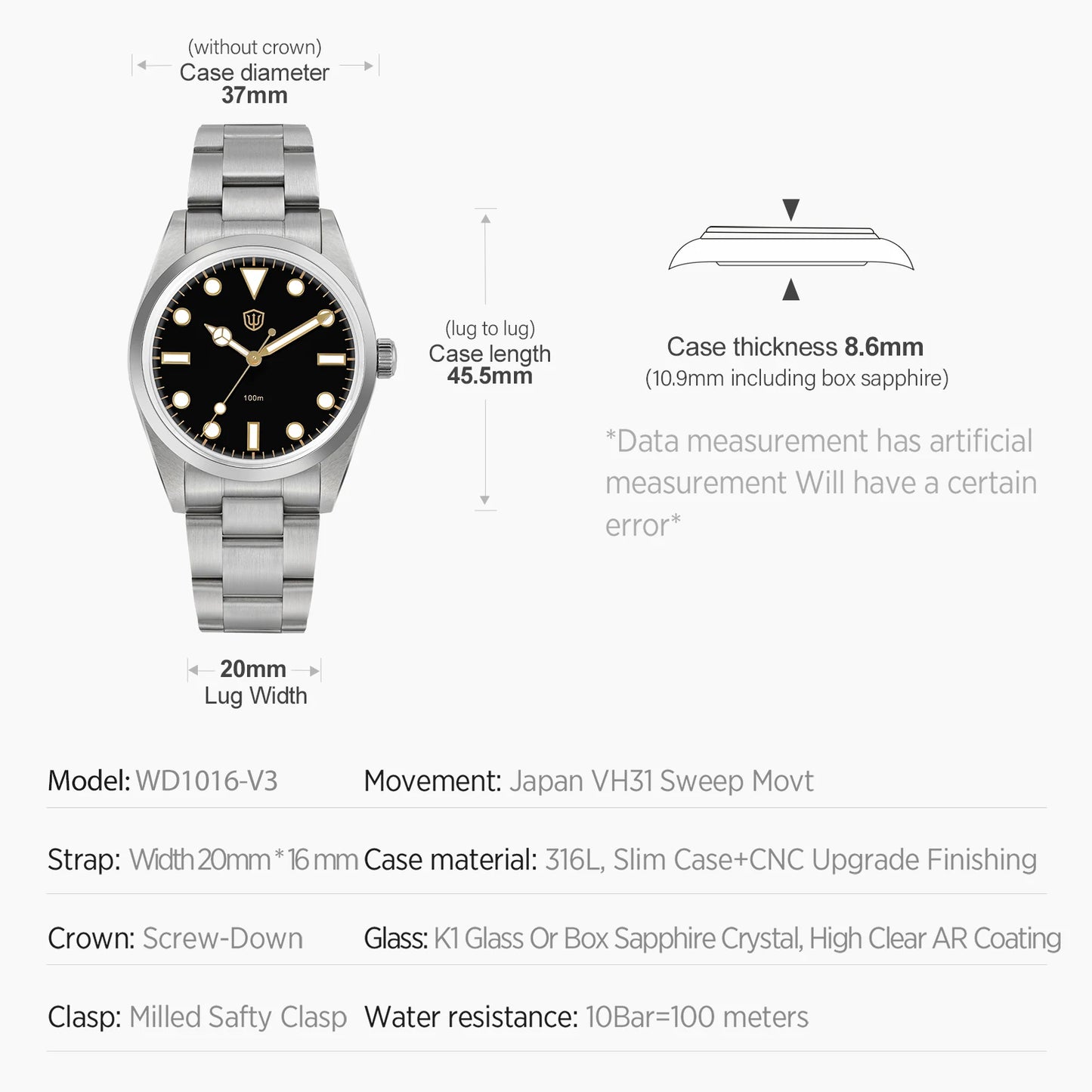Watchdives WD1016 V3 Watch 37mm VH31 Sweep Quartz Movemet Stainless Steel Watch Waterproof Luminous Sapphire Men Wristwatch