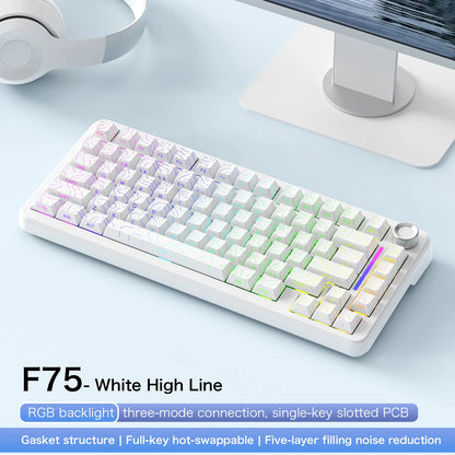 F75 Mechanical Keyboard FREEWOLF 81 Keys Layout Metal Knobs PBT Keycaps, Fully Hot-swappable Keys RGB Multi-color Backlighting