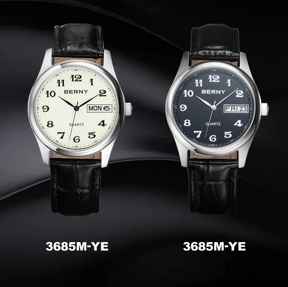 BERNY Quartz Watch for Men Miyota 2405 Business Male Wristwatch Day Top Calendar Genuine Leather Classic Men Watches Waterproof