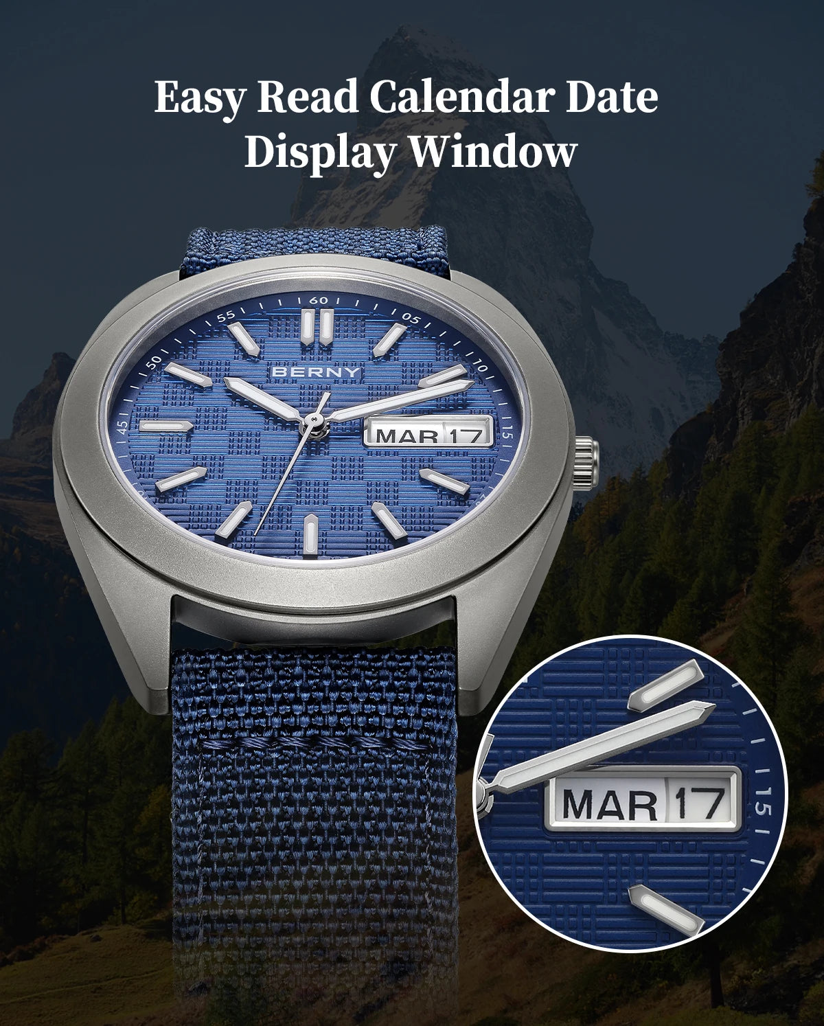 BERNY Titanium Watches for Men Date Week Calendar Sapphire Quartz Watch 38mm Super Luminous Men's Wristwatch 10ATM Lightweight