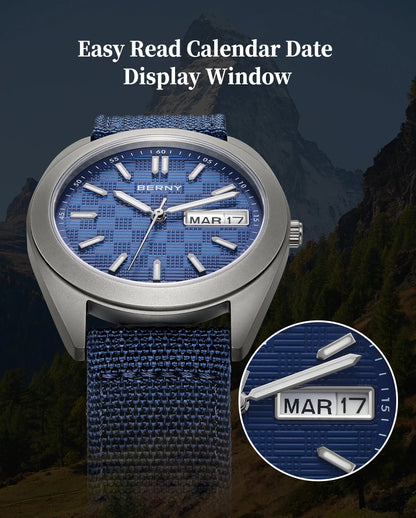 BERNY Titanium Watches for Men Date Week Calendar Sapphire Quartz Watch 38mm Super Luminous Men's Wristwatch 10ATM Lightweight