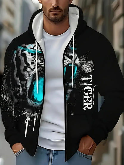 2025 Mens Long Sleeve Zip up Tiger Graphic Hoodie Casual Outdoor Fashion Coat with Drawstring and Pockets Zipup Hoodie for Man