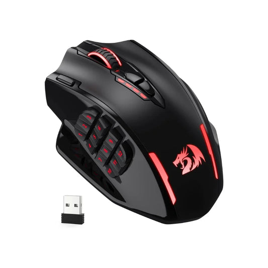 Redragon M913 žaidimų pelė, 16000 DPI, laidinė ir 2.4Ghz belaidė, RGB optinė, 16 programuojamų mygtukų, juoda / balta