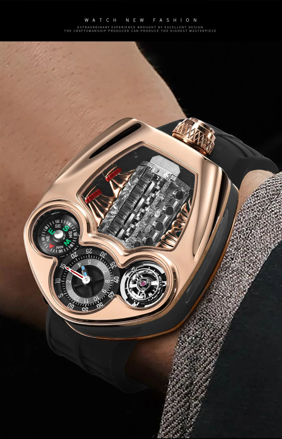 PINDU Design NEW Engine Series Quartz Watch Men's Top-Luxurious Stainless Steel Compass Waterproof Swiss Quartz 762 Movement Watch