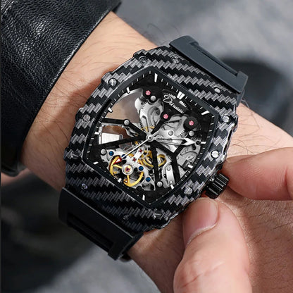 Mechanické hodinky s tourbillonem pro muže, silikonový řemínek, skeletové, tvaru tonneau, automatické, luxusní pánské hodinky Reloj Hombre