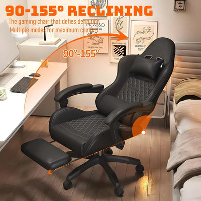 Hestora PU-leren grote en hoge gamingstoel, ergonomische computerstoel met hoge rugleuning, voetensteun en masserende lendensteun voor volwassenen