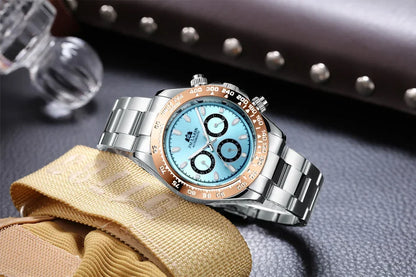 Automatic Mens Watch Self Wind Mechanical Gold Stainless Steel Glacier Ice Blue Dial Chestnut Brown Bezel Luminous Men Watches