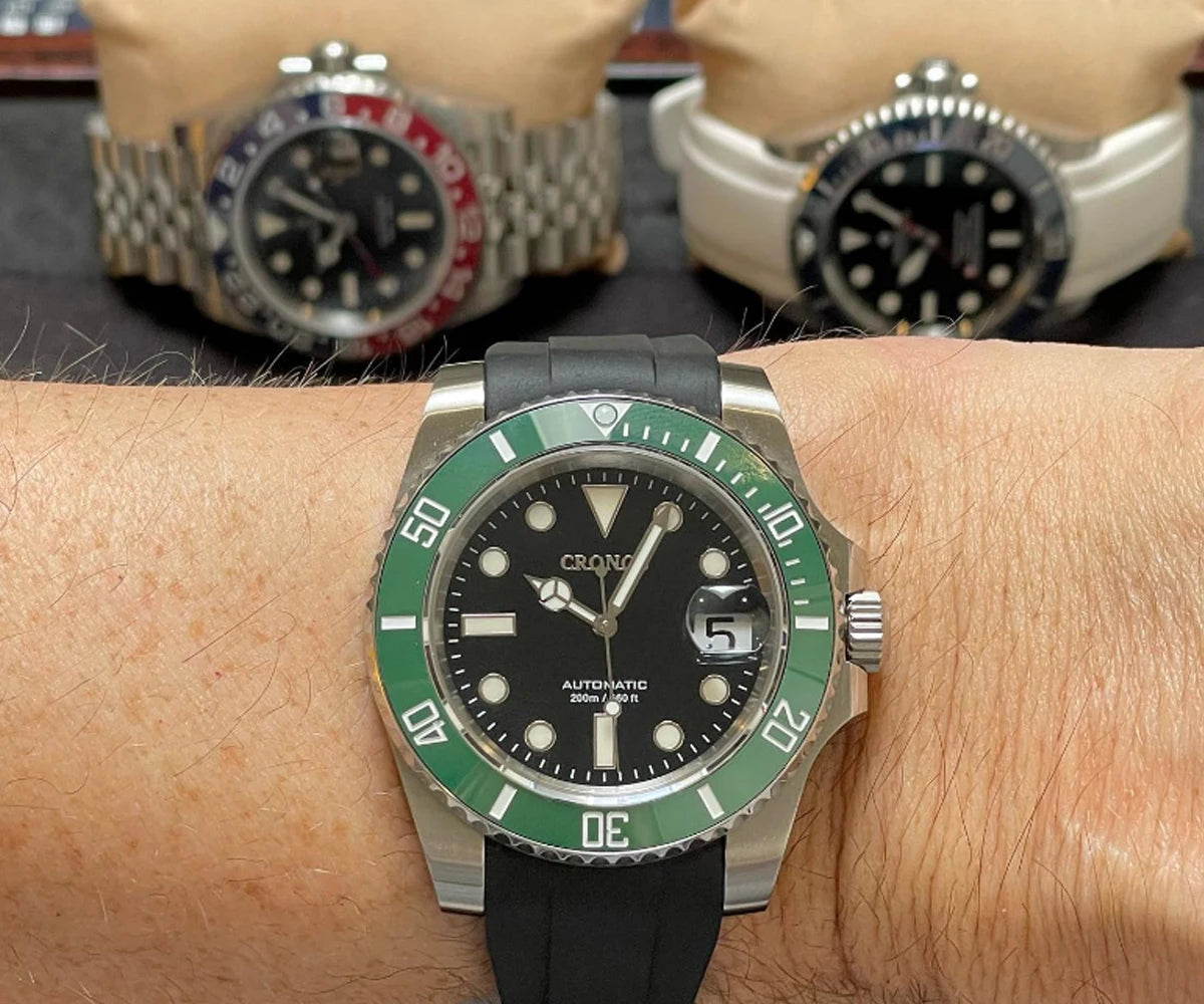 Cronos Sub Diver Men Watch No Date PT5000 Brushed Bracelet Ceramic Bezel 200 meters Water Resistant