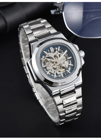 LONGLUX HOT SALE automatic mechanical men watch wholesale no logo waterproof skeleton business  stainless steel gift watch