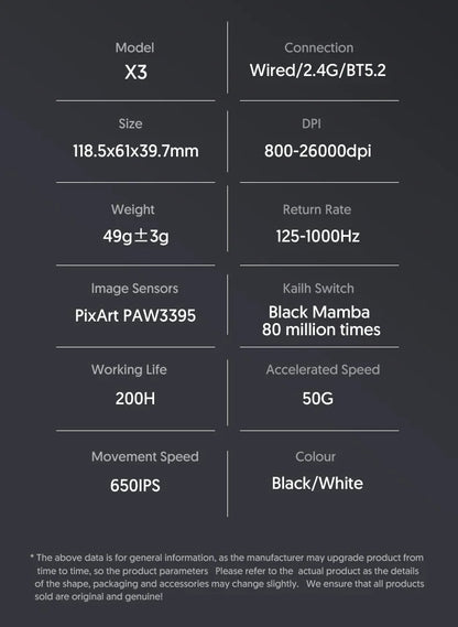 ATTACK SHARK X3 Ultra-Light Wireless Mouse - Tri-Mode 2.4G/BT/Wired, PAW3395 26000DPI, 55g, Macro, for Gaming/Xbox/PS/PC/Mac