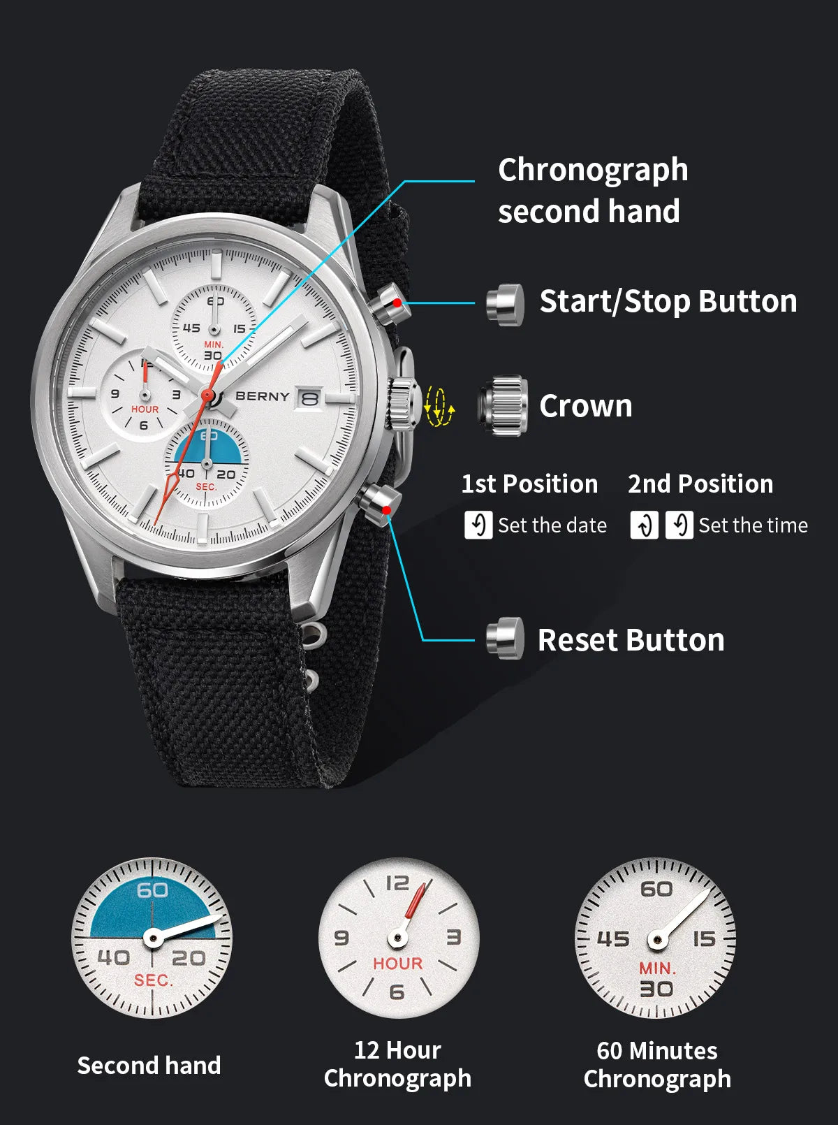 BERNY Top Quartz Chronograph Men's Watches Luminous Miyota 0S10 Sapphire AR Coated 5ATM Waterproof 2026 New Sports Men's Watches