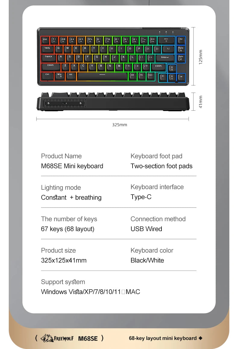 FREEWOLF M68SE 68 key wired mini keyboard, designed ergonomically, dazzling lights and compatible with multiple systems
