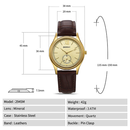BERNY Luxury Watches for Men Classic Elegance Slim Dress Gold Quartz Men's Watch Leather Strap Fashion Business Wristwatch