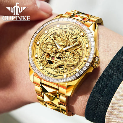Reloj para hombre OUPINKE de marca de lujo, oro y acero de tungsteno, original, automático mecánico, con esfera decorada con motivo de dragón