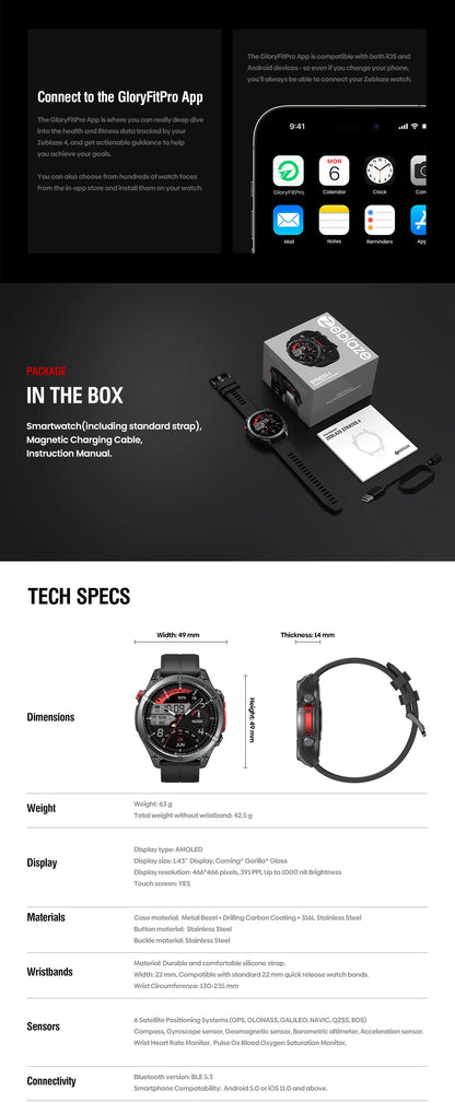 NEW Zeblaze Stratos 4 GPS Smart Watch 1.43 AMOLED Display Built-in Compass Barometric Altimeter Flashlight Voice Call Smartwatch