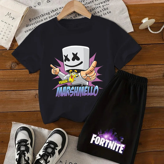 Σετ παιδικό Fortnite με T-shirt και σορτς, μπλουζάκι με εκτύπωση cartoon φιγούρας, καλοκαιρινό casual αθλητικό ένδυμα για αγόρια