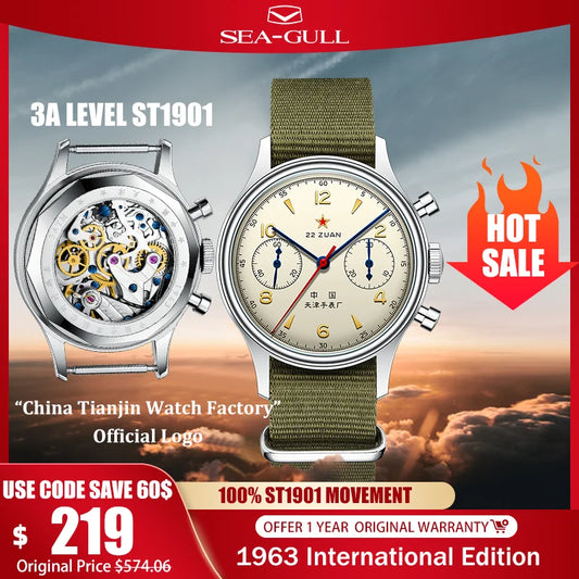 Seagull 1963 International Edition Men's Mechanical Watch Pilot Clock ST1901 Retro Chronograph Wristwatch Air Force Aviation New