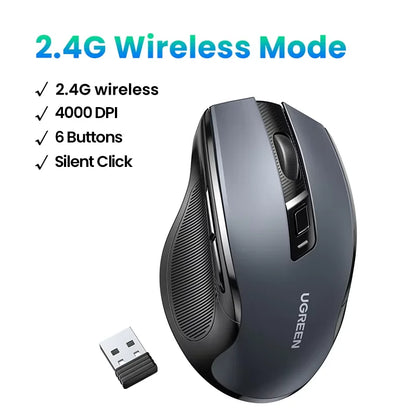 UGREEN langaton hiiri Bluetooth 5.0, ergonominen 4000DPI, 6 hiljaista painiketta, MacBookille, tabletille, kannettaville tietokoneille, tietokoneelle ja PC:lle, 2.4G-hiiri
