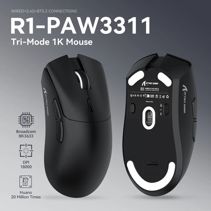 ATTACK SHARK R1 Tri-mode Gaming Mouse, PixArt PAW3311 Sensor, 18000 DPI, 1000hz, 59g Ultralight for Big Hand, for PC/Mac