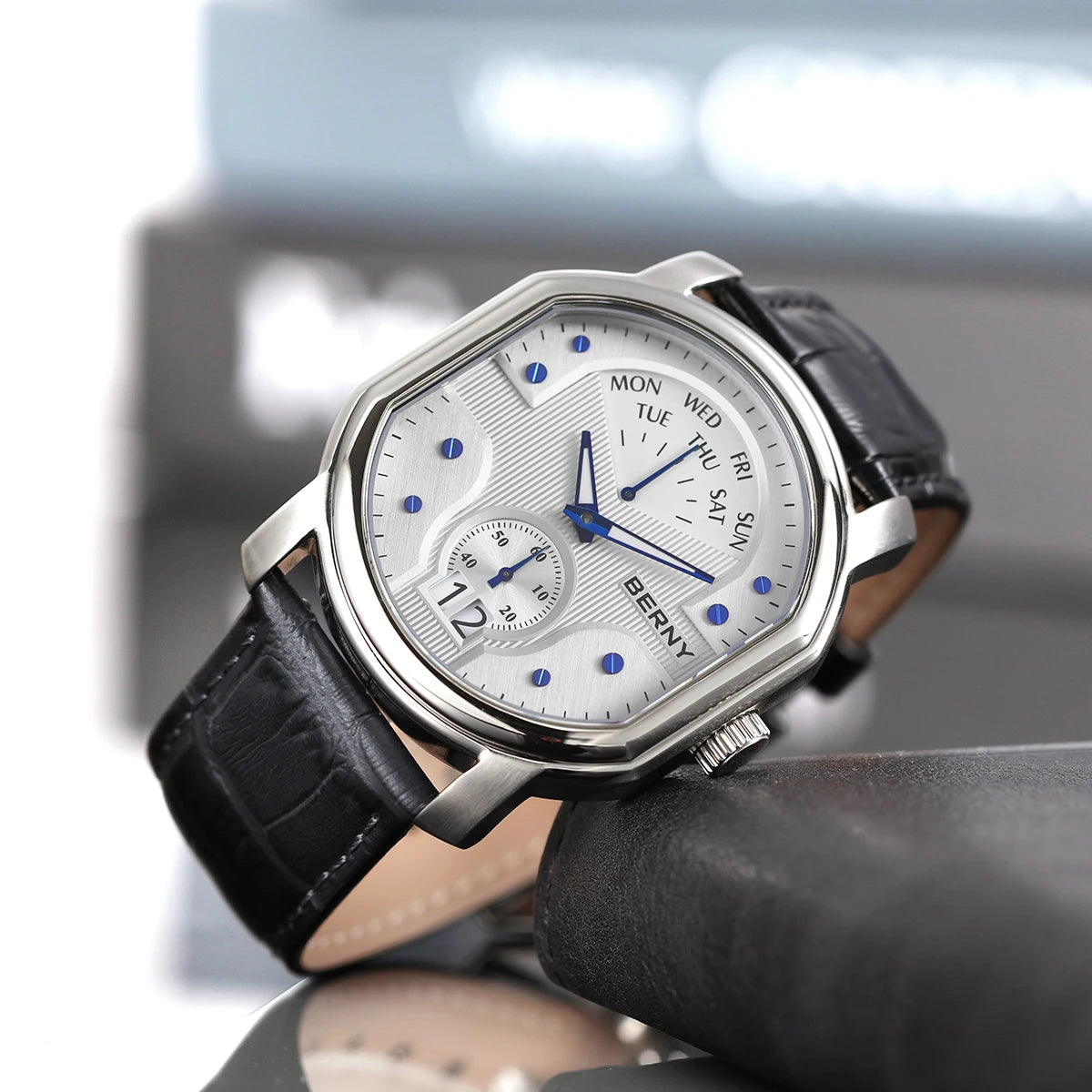 BERNY Tonneau Classic Men's Watch Quartz Luxury Top Watches Ronda 7004N Day Stainless Steel Sapphire Pendulum Dial Watch for Men