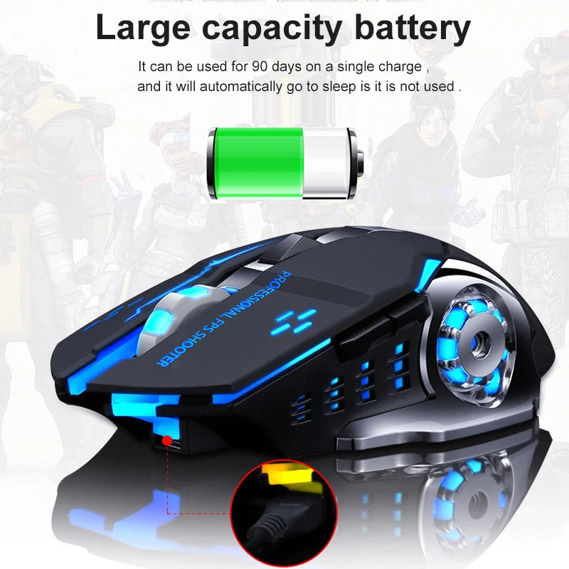 Vezeték nélküli Bluetooth egér 2.4G USB Mecha gaming egér, újratölthető, halk, háttérvilágításos, ergonomikus irodai egér, gamer kiegészítők