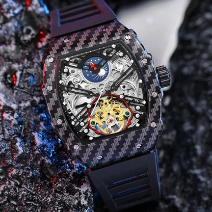 Mechanické hodinky s tourbillonem pro muže, silikonový řemínek, skeletové, tvaru tonneau, automatické, luxusní pánské hodinky Reloj Hombre