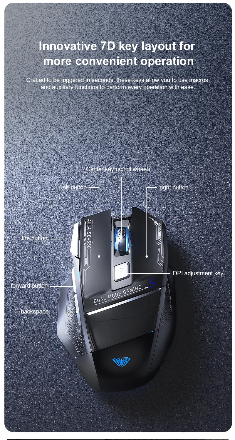 AULA SC550 žaidimų pelė, 2.4G belaidė makro pelė su RGB apšvietimu, ergonomiško dizaino e. sporto pelė, PC priedai